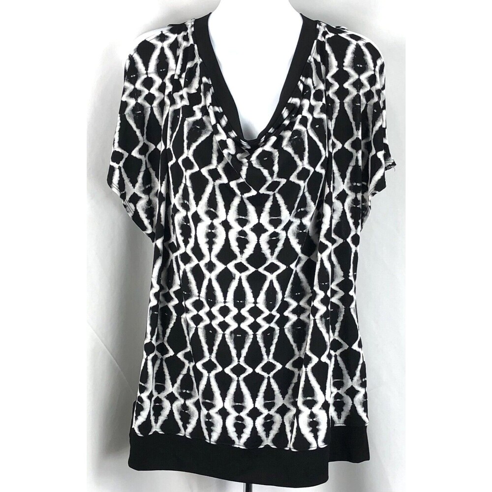 Cato Tunic Top 18/20W Blk Gray Tie Dye Split Shortsleeve BoatNeck Banded waist